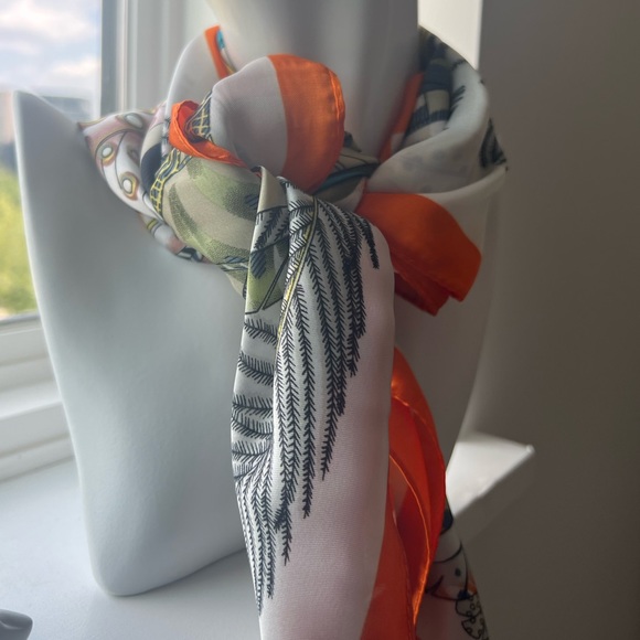 Retro vintage orange white Feather silk scarf wrap - Picture 6 of 9